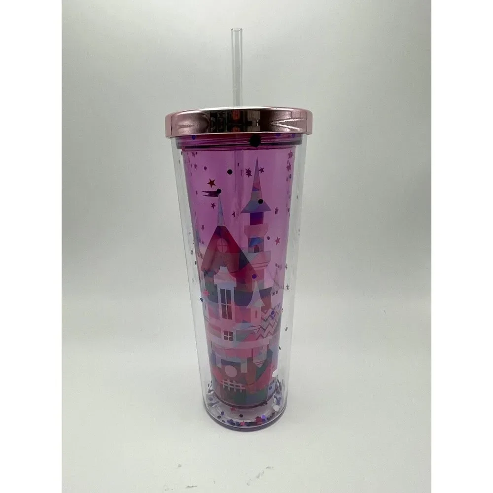 Disney Parks Cinderella Castle Water Tumbler W/Straw 2023 Rose Gold Lid Confetti